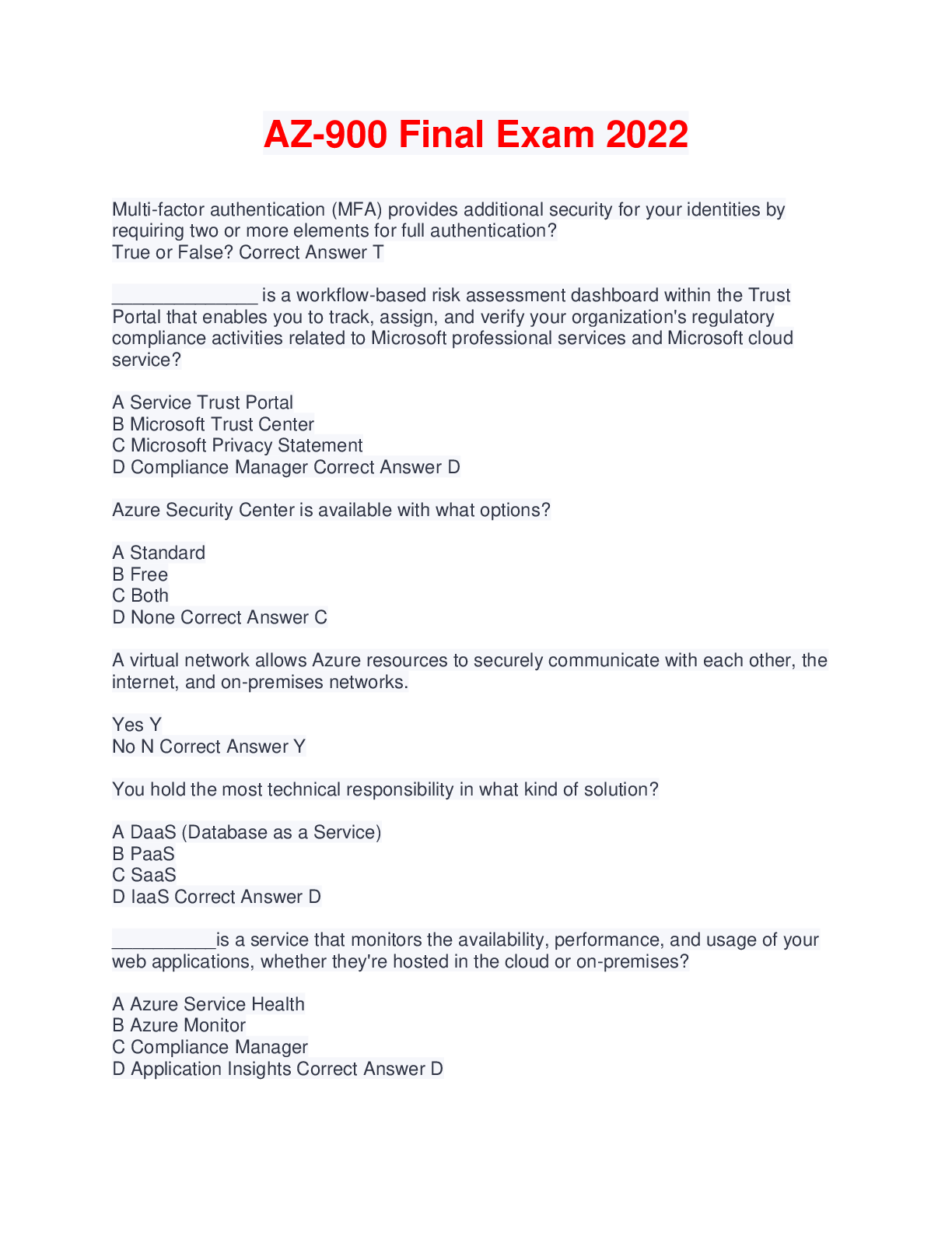 Preview image of AZ-900 Final Exam 2022 document